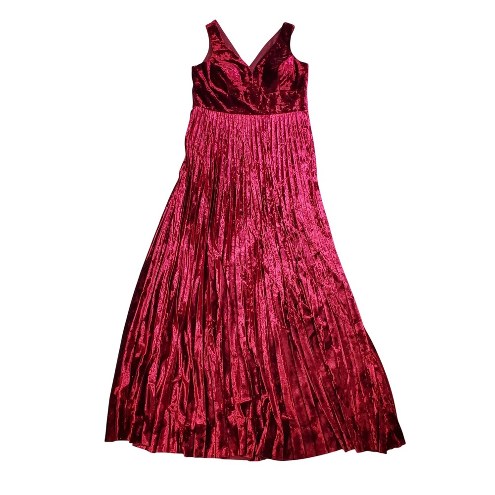 Nicole Miller Red Velvet V‎ Neck Pleated Gown Maxi Dress Size 12 Holiday NYE